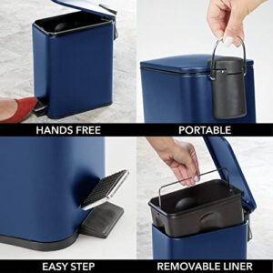 mDesign Slim Metal Rectangle 1.3 Gallon/5 Liter Trash Can with Step Pedal, Easy-Close Lid, Removable Liner - Narrow Wastebasket Garbage Container Bin for Bathroom, Bedroom, Kitchen - Navy Blue