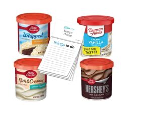 frosting bundle 1 of each| betty crocker whipped butter cream|duncan hines vanilla icing|betty crocker cream cheese |betty crocker hersheys milk chocolate frosting|1xhappy home 50pg magnetic notepad