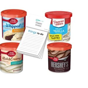 Frosting Bundle 1 of each| Betty Crocker Whipped Butter Cream|Duncan Hines Vanilla icing|Betty Crocker Cream Cheese |Betty Crocker Hersheys Milk Chocolate frosting|1xHappy Home 50pg Magnetic Notepad