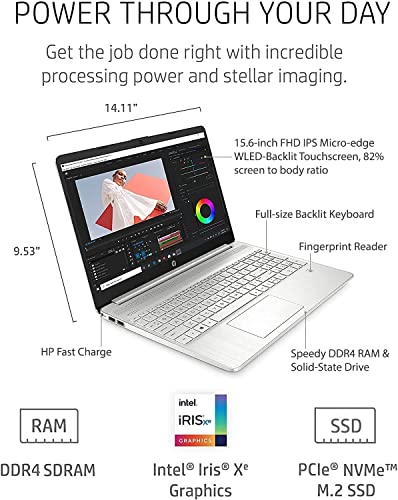 HP Newest Laptop, 15.6" Full HD Touchscreen, Intel Core i7-1165G7, 32GB RAM, 1TB PCIe SSD, Backlit Keyboard, Fingerprint Reader, Webcam, WiFi 5, HDMI, Type-C, Bluetooth, Windows 11 Home, Silver