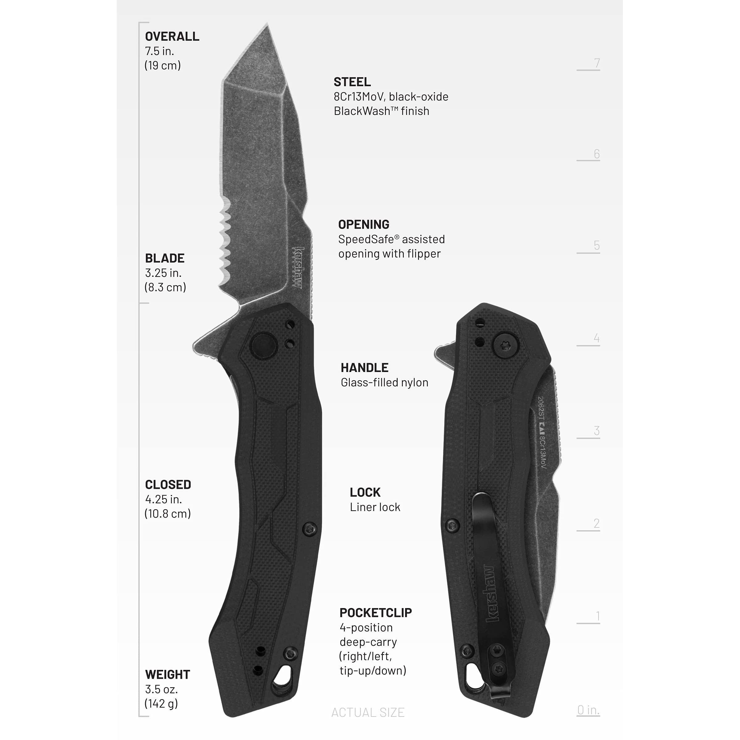 Kershaw Analyst Tanto Pocket Knife, 3.25" 8Cr13MoV Steel Blade, assisted opening, Liner Lock Folder EDC,Black