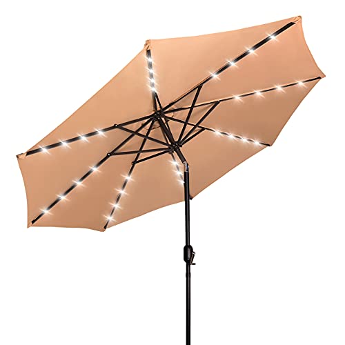 JMEXSUSS 9ft Patio Umbrella with Solar Lights, 32 LED Lighted Umbrella Outdoor Patio Table Umbrella, 8 Ribs Market Umbrella w/Tilt Adjustment and UV-Resistant Fabric, Khaki