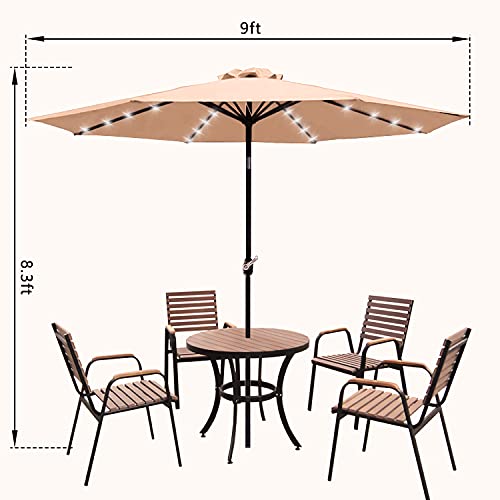 JMEXSUSS 9ft Patio Umbrella with Solar Lights, 32 LED Lighted Umbrella Outdoor Patio Table Umbrella, 8 Ribs Market Umbrella w/Tilt Adjustment and UV-Resistant Fabric, Khaki