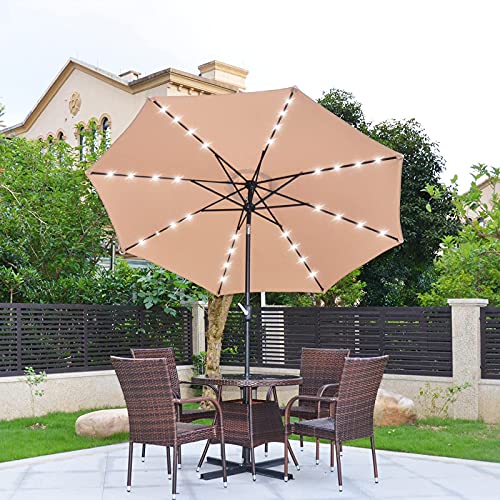 JMEXSUSS 9ft Patio Umbrella with Solar Lights, 32 LED Lighted Umbrella Outdoor Patio Table Umbrella, 8 Ribs Market Umbrella w/Tilt Adjustment and UV-Resistant Fabric, Khaki