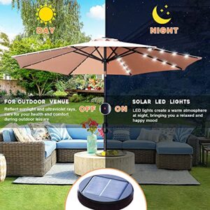 JMEXSUSS 9ft Patio Umbrella with Solar Lights, 32 LED Lighted Umbrella Outdoor Patio Table Umbrella, 8 Ribs Market Umbrella w/Tilt Adjustment and UV-Resistant Fabric, Khaki