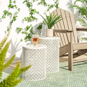 glitzhome nesting side table set of 2 decorative garden stools for indoor outdoor heavy duty metal frame modern end table, cream white