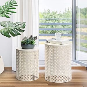 glitzhome Nesting Side Table Set of 2 Decorative Garden Stools for Indoor Outdoor Heavy Duty Metal Frame Modern End Table, Cream White