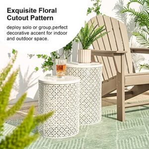 glitzhome Nesting Side Table Set of 2 Decorative Garden Stools for Indoor Outdoor Heavy Duty Metal Frame Modern End Table, Cream White