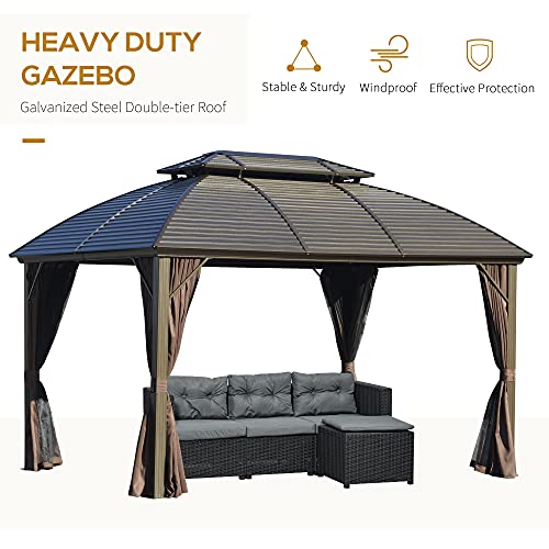 Outsunny 10' x 12' Hardtop Gazebo Canopy with Galvanized Steel Double Roof, Aluminum Frame, Permanent Pavilion Outdoor Gazebo with Netting and Curtains for Patio, Garden, Backyard, Deck, Lawn