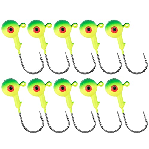 Alwonder 10 Pack Round Fishing Jig, Bass Ball Jigs 3D Eyes High Carbon Steel Jig Hooks Bass Lures Jig Heads Freshwater Saltwater Surf Fishing Jigs for Walleye Striper Pompano, Green-1/8oz