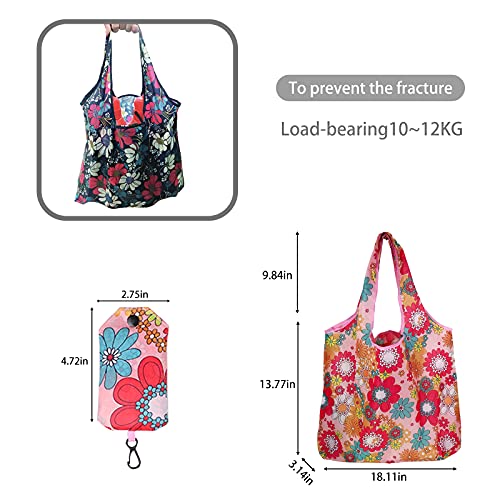 DZH Enjoy 10 Pack Cute Floral Leaves Print Reusable Grocery Bags Portable Foldable Shopping Bag Eco-friendly Shopping Tote with Hook,Medium