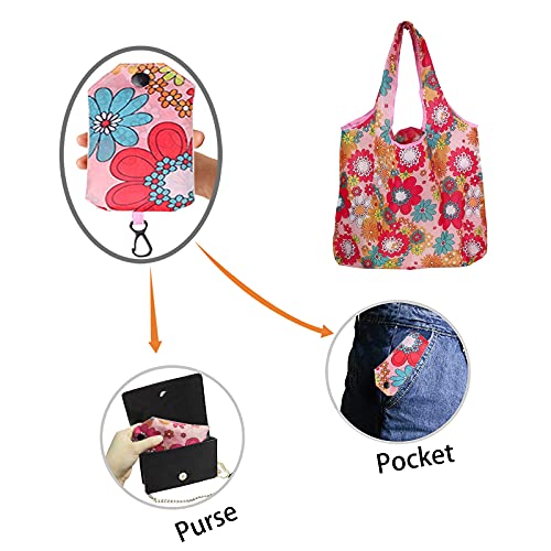 DZH Enjoy 10 Pack Cute Floral Leaves Print Reusable Grocery Bags Portable Foldable Shopping Bag Eco-friendly Shopping Tote with Hook,Medium