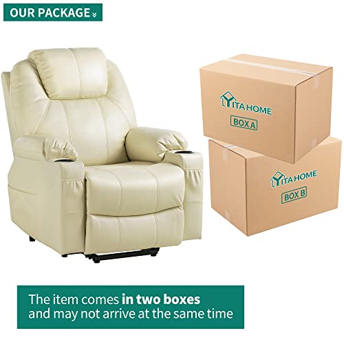 YITAHOME Power Lift Recliner Chair for Elderly, Electric Lift Chair with Heat and Massage, Faux Leather Recliner Sofa with 2 Cup Holders, Side Pockets & Remote Control for Living Room (White)