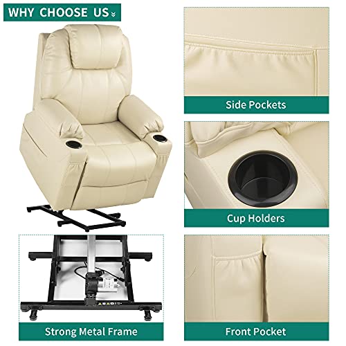 YITAHOME Power Lift Recliner Chair for Elderly, Electric Lift Chair with Heat and Massage, Faux Leather Recliner Sofa with 2 Cup Holders, Side Pockets & Remote Control for Living Room (White)