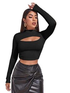shein women's long sleeve t shirt front cut out basic knit mock neck crop top black small