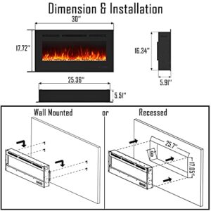 Cheerway 30 inch Wall Mounted &Recessed in Wall Electric Fireplace with Heater, Linear Wall Fireplace w/Thermostat, Adjustable Flame&Fuel Color, Remote & Touch Control w/Timer, 750W/1500W