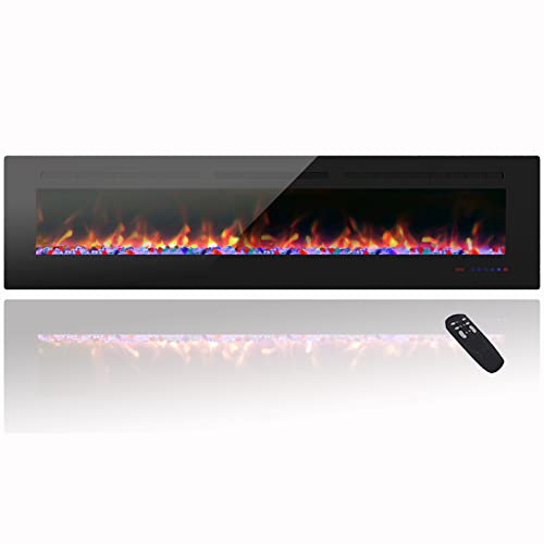 Cheerway 72 inch Wall Mounted &Recessed in Wall Electric Fireplace with Heater, Linear Wall Fireplace w/Thermostat, Adjustable Flame&Fuel Color, Remote & Touch Control w/Timer, 750W/1500W