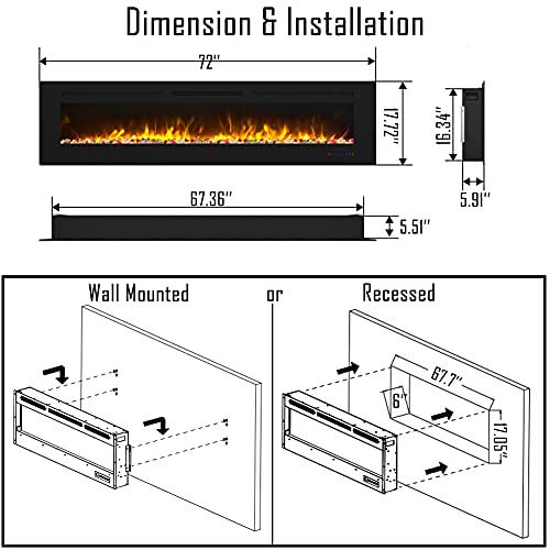 Cheerway 72 inch Wall Mounted &Recessed in Wall Electric Fireplace with Heater, Linear Wall Fireplace w/Thermostat, Adjustable Flame&Fuel Color, Remote & Touch Control w/Timer, 750W/1500W