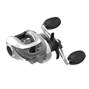 quantum throttle baitcast fishing reel, 7 + 1 ball bearings with a smooth and powerful 7.3:1 gear ratio, zero friction pinion, dynamag cast control, and oversized non-slip handle knobs
