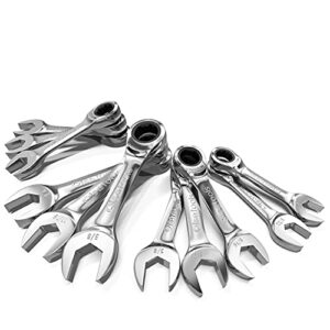 olsa tools stubby ratchet wrench set (sae 11pc) | 6-point box end ratchet wrenches set | 120 tooth ratcheting wrench sets | works on stripped and rounded bolts | professional grade spanner wrench