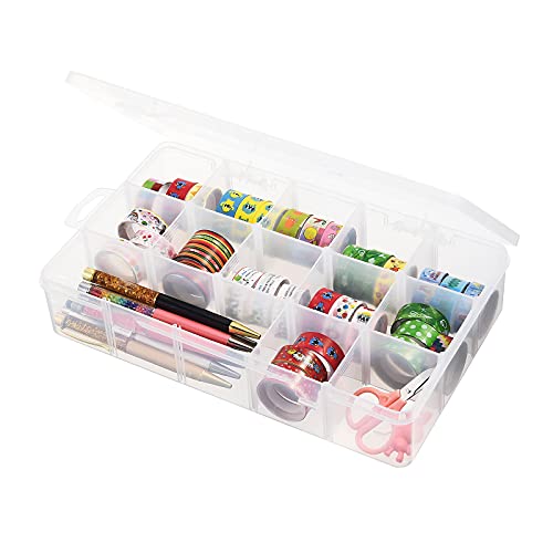 iBune 15 Grids Large Plastic Compartment Container for Washi Tape, Bead Storage Organizer Box Case with Removable Dividers for Jewelry Craft Tackles Tools, Size 11 x 7 x 2.3 in, White¡­