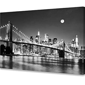 Baisuart-Q30369 Brooklyn Bridge Night View 1 Panels Landscape Artwork Canvas Prints Moon Night New York City Scene Picture Paintings Black and white Wall Art for Oiffce Home Decorations Wall Decor