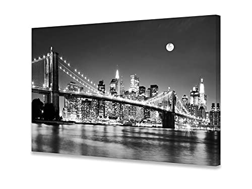 Baisuart-Q30369 Brooklyn Bridge Night View 1 Panels Landscape Artwork Canvas Prints Moon Night New York City Scene Picture Paintings Black and white Wall Art for Oiffce Home Decorations Wall Decor