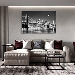 Baisuart-Q30369 Brooklyn Bridge Night View 1 Panels Landscape Artwork Canvas Prints Moon Night New York City Scene Picture Paintings Black and white Wall Art for Oiffce Home Decorations Wall Decor