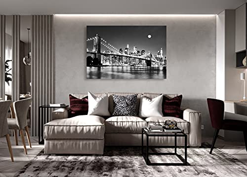 Baisuart-Q30369 Brooklyn Bridge Night View 1 Panels Landscape Artwork Canvas Prints Moon Night New York City Scene Picture Paintings Black and white Wall Art for Oiffce Home Decorations Wall Decor