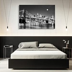 Baisuart-Q30369 Brooklyn Bridge Night View 1 Panels Landscape Artwork Canvas Prints Moon Night New York City Scene Picture Paintings Black and white Wall Art for Oiffce Home Decorations Wall Decor