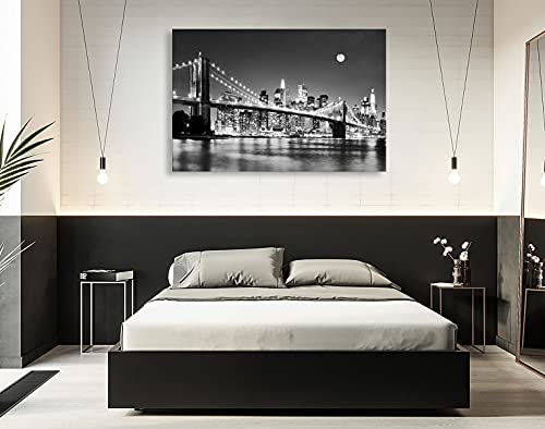 Baisuart-Q30369 Brooklyn Bridge Night View 1 Panels Landscape Artwork Canvas Prints Moon Night New York City Scene Picture Paintings Black and white Wall Art for Oiffce Home Decorations Wall Decor