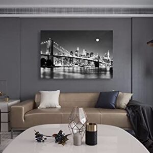 Baisuart-Q30369 Brooklyn Bridge Night View 1 Panels Landscape Artwork Canvas Prints Moon Night New York City Scene Picture Paintings Black and white Wall Art for Oiffce Home Decorations Wall Decor