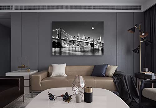 Baisuart-Q30369 Brooklyn Bridge Night View 1 Panels Landscape Artwork Canvas Prints Moon Night New York City Scene Picture Paintings Black and white Wall Art for Oiffce Home Decorations Wall Decor