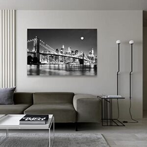 Baisuart-Q30369 Brooklyn Bridge Night View 1 Panels Landscape Artwork Canvas Prints Moon Night New York City Scene Picture Paintings Black and white Wall Art for Oiffce Home Decorations Wall Decor