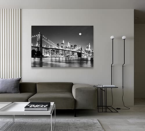 Baisuart-Q30369 Brooklyn Bridge Night View 1 Panels Landscape Artwork Canvas Prints Moon Night New York City Scene Picture Paintings Black and white Wall Art for Oiffce Home Decorations Wall Decor