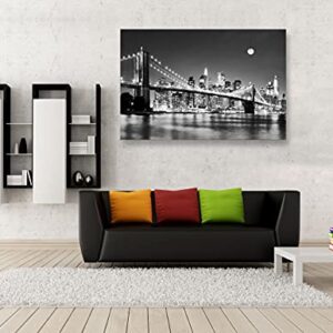 Baisuart-Q30369 Brooklyn Bridge Night View 1 Panels Landscape Artwork Canvas Prints Moon Night New York City Scene Picture Paintings Black and white Wall Art for Oiffce Home Decorations Wall Decor