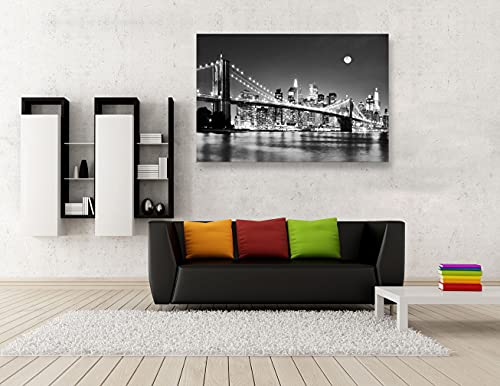 Baisuart-Q30369 Brooklyn Bridge Night View 1 Panels Landscape Artwork Canvas Prints Moon Night New York City Scene Picture Paintings Black and white Wall Art for Oiffce Home Decorations Wall Decor