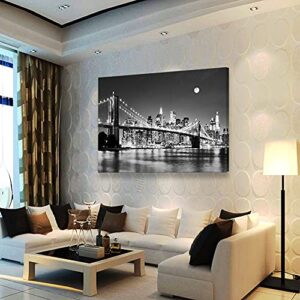 Baisuart-Q30369 Brooklyn Bridge Night View 1 Panels Landscape Artwork Canvas Prints Moon Night New York City Scene Picture Paintings Black and white Wall Art for Oiffce Home Decorations Wall Decor