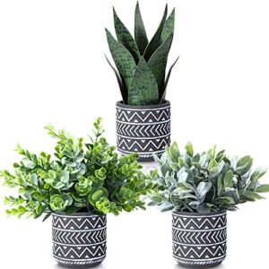 kazeila 3 pack potted fake plants artifical snake plant,greenery eucalyptus leaves plant and flocked sage plant,faux desk plants for indoor home office farmhouse kitchen bathroom table decor