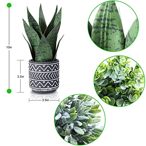 Kazeila 3 Pack Potted Fake Plants Artifical Snake Plant,Greenery Eucalyptus Leaves Plant and Flocked Sage Plant,Faux Desk Plants for Indoor Home Office Farmhouse Kitchen Bathroom Table Decor