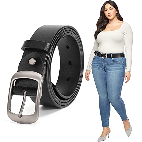 JASGOOD Plus Size Women Leather Belt Black Casual Waist Belt for Jeans Pants with Metal Pin Buckle(Black,Fit Waist Size 48''-52'')