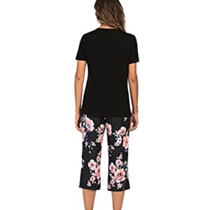 iChunhua Comfy Lounge Sets for Women Short Sleeve V-Neck Tops and Floral Print Wide Leg Pants Loose Nightwear Capri Pajama Set Soft Pj Black M