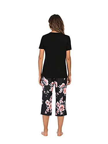 iChunhua Comfy Lounge Sets for Women Short Sleeve V-Neck Tops and Floral Print Wide Leg Pants Loose Nightwear Capri Pajama Set Soft Pj Black M