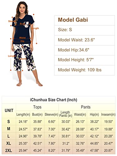 iChunhua Comfy Lounge Sets for Women Short Sleeve V-Neck Tops and Floral Print Wide Leg Pants Loose Nightwear Capri Pajama Set Soft Pj Black M