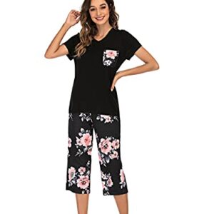 iChunhua Comfy Lounge Sets for Women Short Sleeve V-Neck Tops and Floral Print Wide Leg Pants Loose Nightwear Capri Pajama Set Soft Pj Black M