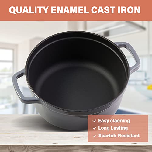 ZQBTC Enamel Cast Iron Covered Dutch Oven Pot with Lid for Bread Baking Use on Gas Electric Oven 3 Quart(Grey, 2-3 People)