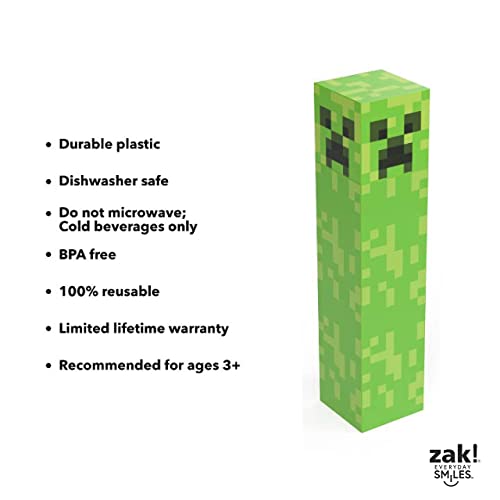 zak! Square Water Bottle, Minecraft Creeper - 22 oz - Durable, BPA-Free Plastic - Dishwasher Safe