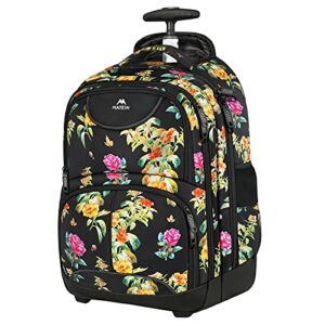 matein backpack with wheels, travel-friendly rolling laptop backpack for men women, freewheel carry on luggage business bag, compact college trolley suitcase computer bag fit 17 inch notebook, floral