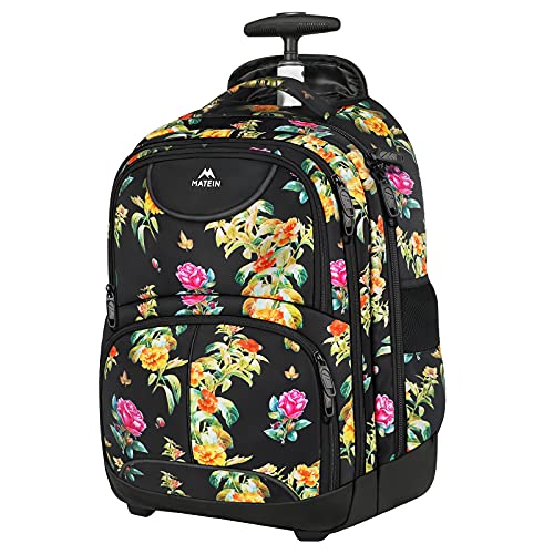 MATEIN Backpack with Wheels, Travel-friendly Rolling Laptop Backpack for Men Women, Freewheel Carry on Luggage Business bag, Compact College Trolley Suitcase Computer Bag fit 17 inch Notebook, Floral