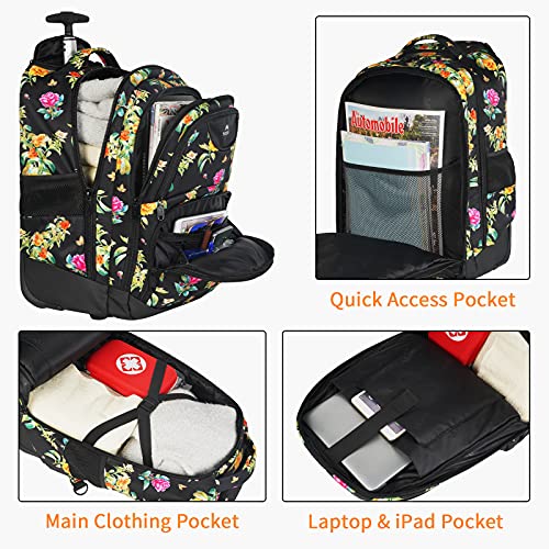 MATEIN Backpack with Wheels, Travel-friendly Rolling Laptop Backpack for Men Women, Freewheel Carry on Luggage Business bag, Compact College Trolley Suitcase Computer Bag fit 17 inch Notebook, Floral